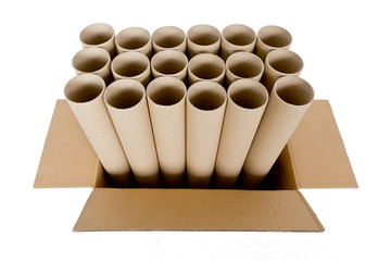 cylinder paper tube with brown carton box, isolated on white