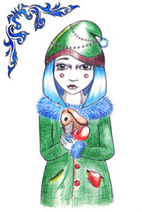 Winter new year xmas blue hairstyle girl in hat and coat with rabbit hare