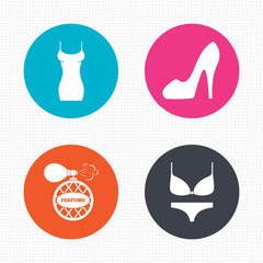 Women dress icon. Sexy shoe sign. Perfume.