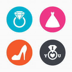 Wedding dress icon. Women's shoe symbol.