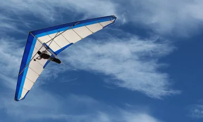 Tuinposter Deltavlieger - Deltavlieger die in de lucht vliegt op een helderblauwe dag © dcorneli