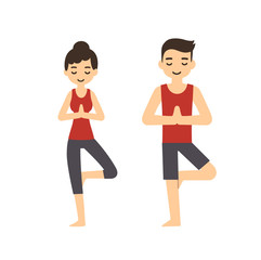 Fototapeta premium Cute couple in cartoon style doing yoga, isolated on white background. Modern minimalistic flat vector style.