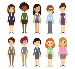 Set of diverse businesswomen isolated on white background. Different nationalities and dress styles. Cute and simple flat cartoon style.