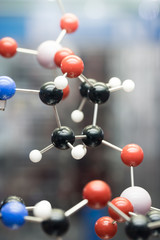 Molecular, DNA and atom model in science research lab