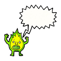 cartoon green fire creature with speech bubble