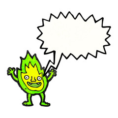 cartoon green fire creature with speech bubble