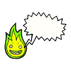 cartoon green fire creature with speech bubble