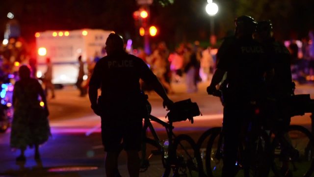 Police stand watch over a crowd of people
