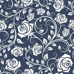 Keuken foto achterwand Rozen Wit en blauw naadloos patroon met rozen