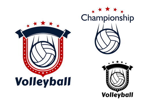 Volleyball game emblems with flying balls