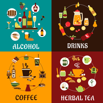 Beverages, snacks and drinks flat icons