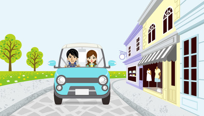 Driving Couple in spring small town