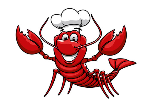 Cartoon red lobster chef in toque cap