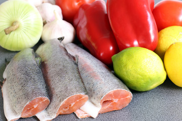 preparation: river trout and vegetables with copy space
