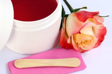 bodycare, depilation set: wax container, stick and rose
