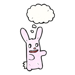 cartoon spooky pink rabbit with thought bubble