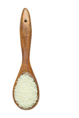 Thai jasmine rice in wooden spoon isolated on white