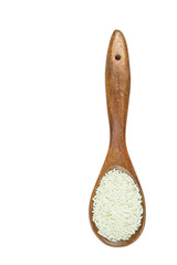 Thai white sticky rice in wooden spoon isolated on white