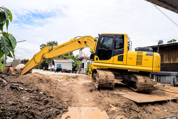Fototapeta premium Excavator breaks while creating the road.