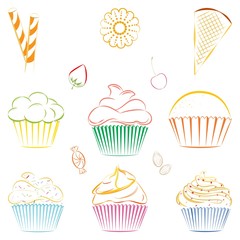 Set of vector cupcakes and sweets. Outline