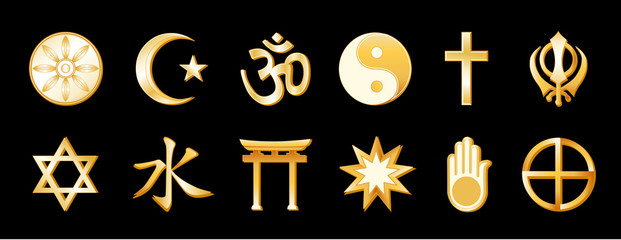 World Religions, symbols of international faiths, Buddhism, Islam, Hindu, Taoism, Christianity, Sikh. Judaism, Confucianism, Shinto, Baha'i, Jain, Native Spirituality