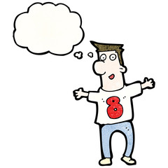 cartoon man with thought bubble wearting numbered shirt