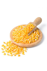 yellow corn grits on white, tilt shift lens