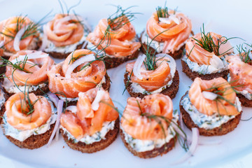 Snacks with salmon on white plate.