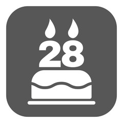 The birthday cake with candles in the form of number 28 icon. Birthday symbol. Flat