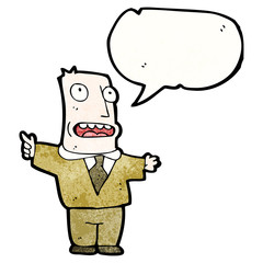 cartoon man in brown suit with speech bubble
