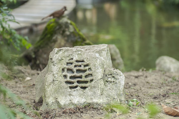 Shape stone of the speaker。In mianyang, sichuan island garden.