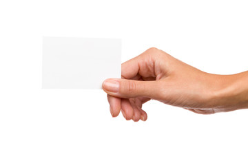 Hand Holding Blank Card. Studio shot isolated on white.