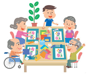 デイサービス　レクリエーション　こうれいしゃ　介護スタッフ　イラスト