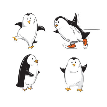 Set with four cute cartoon penguins in different poses, skating.