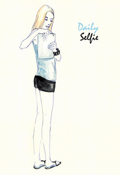 Hand Drawn Sketch Illustration of Girl in Shorts Doing Selfie