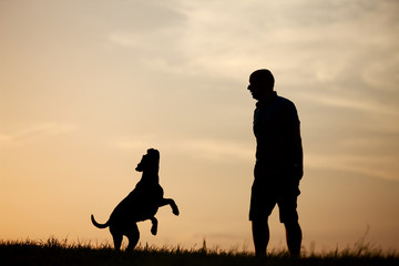 Hund und Herrchen als Silhouette bei Sonnenuntergang