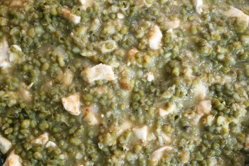 Background of mung beans with chicken. Close up