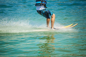 Close up of man waterskiing on Danube river