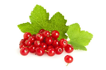 Redcurrant fruit on their leaves isolated