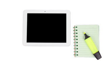 Tablet with paper note and highlight pen isolated on white backg