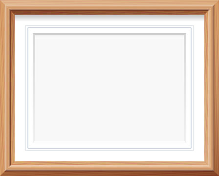 Horizontal wooden picture frame with mat and french lines. Vector illustration.