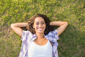 Pretty brunette relaxing in the grass