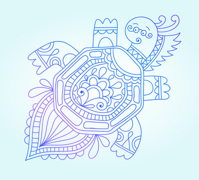 blue line drawing of sea monster, underwater decorative tortoise