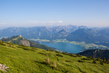 Fototapeta na wymiar View To Lake Wolfgangsee From Schafbergspitze 1.783m In Salzkammergut