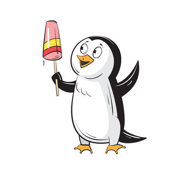 Little cute cartoon penguin who holds ice cream, a penguin sweet tooth, tasty ice cream.