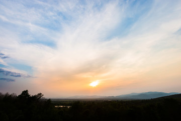 colorful sky with sun background in mountains. sunset, sunrise.