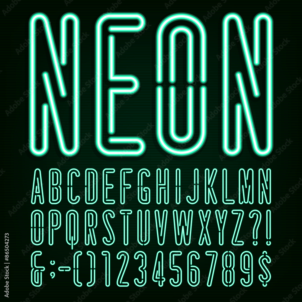 Fototapete neon green light alphabet vector font. narrow type letters, numbers and punctuation marks. neon tube