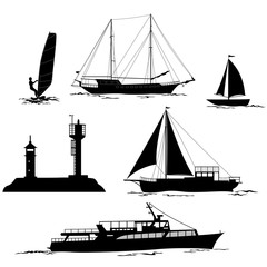 Sea Landscape with Palms and Ship Silhouettes