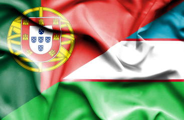 Waving flag of Uzbekistan and Portugal