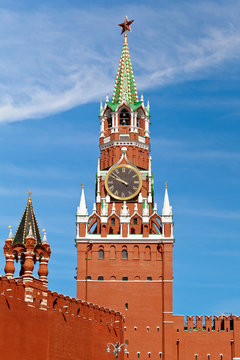 The Spasskaya Tower on Red Square in Moscow, Russia